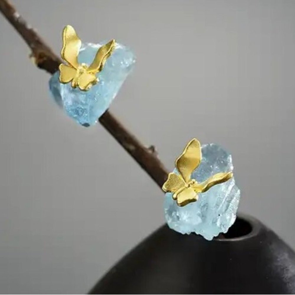 925 Silver Artisan Handmade Natural Aquamarine Butterfly The Zahir Ear…